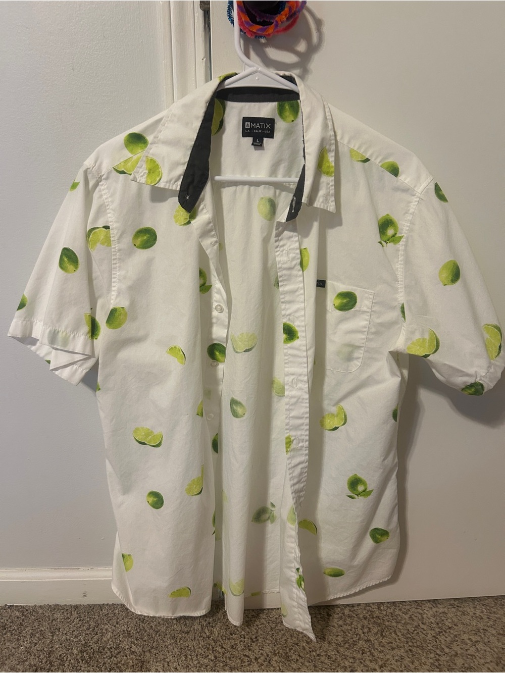 Matix White Short-Sleeve Button-Down Shirt with Green Lime Print